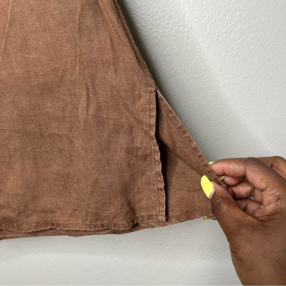 Women 100% Linen Top XL Brown Embroidered Popover. Coastal Lagenlook Lagum - Picture 7 of 8